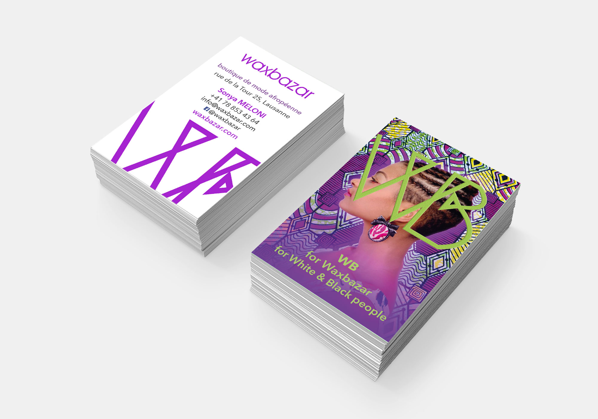 création par atelierOdepluie d'une carte de visite pour la boutique de mode afropéenne WAXBAZAR,  Lausanne
