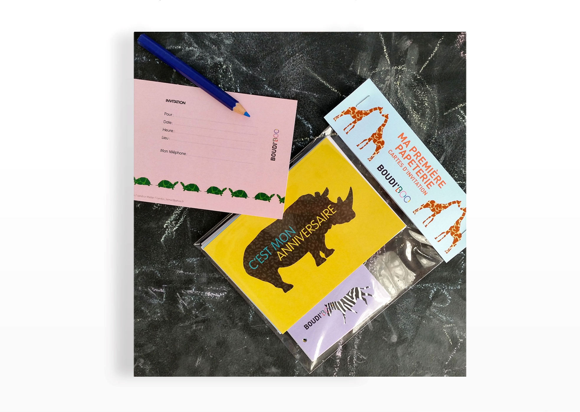 Première papeterie pour un anniversaire réussi, de la marque Boudi'Boo cartes et enveloppes