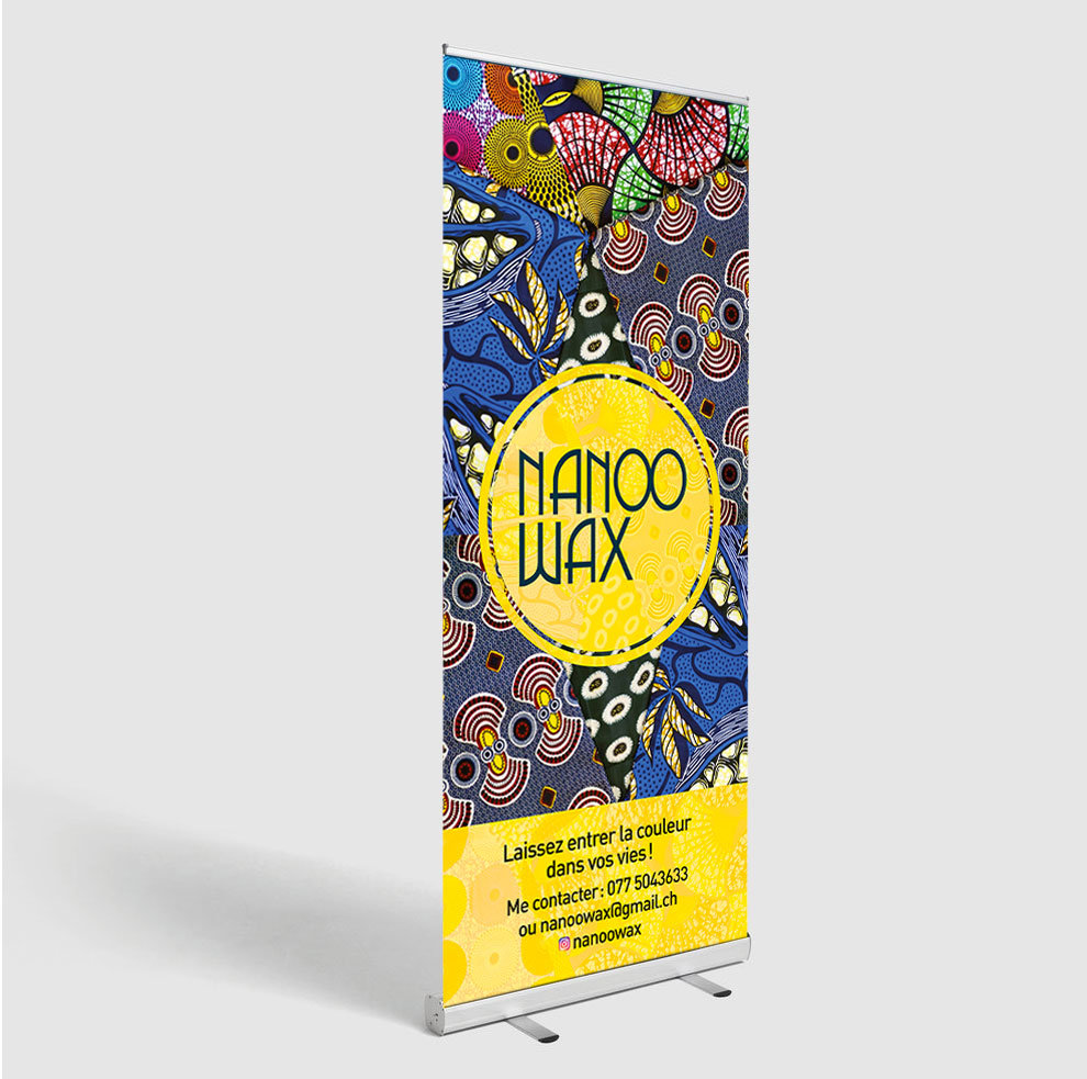 Roll-up merchandising pour Nanoowax, vente de tissus africains au mètre, Lausanne 2018